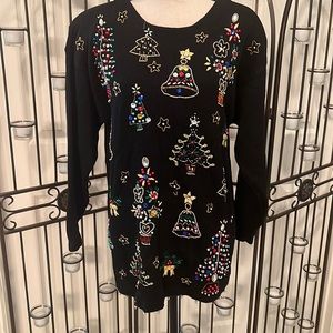 Christmas embroidered and bejeweled pullover sweater